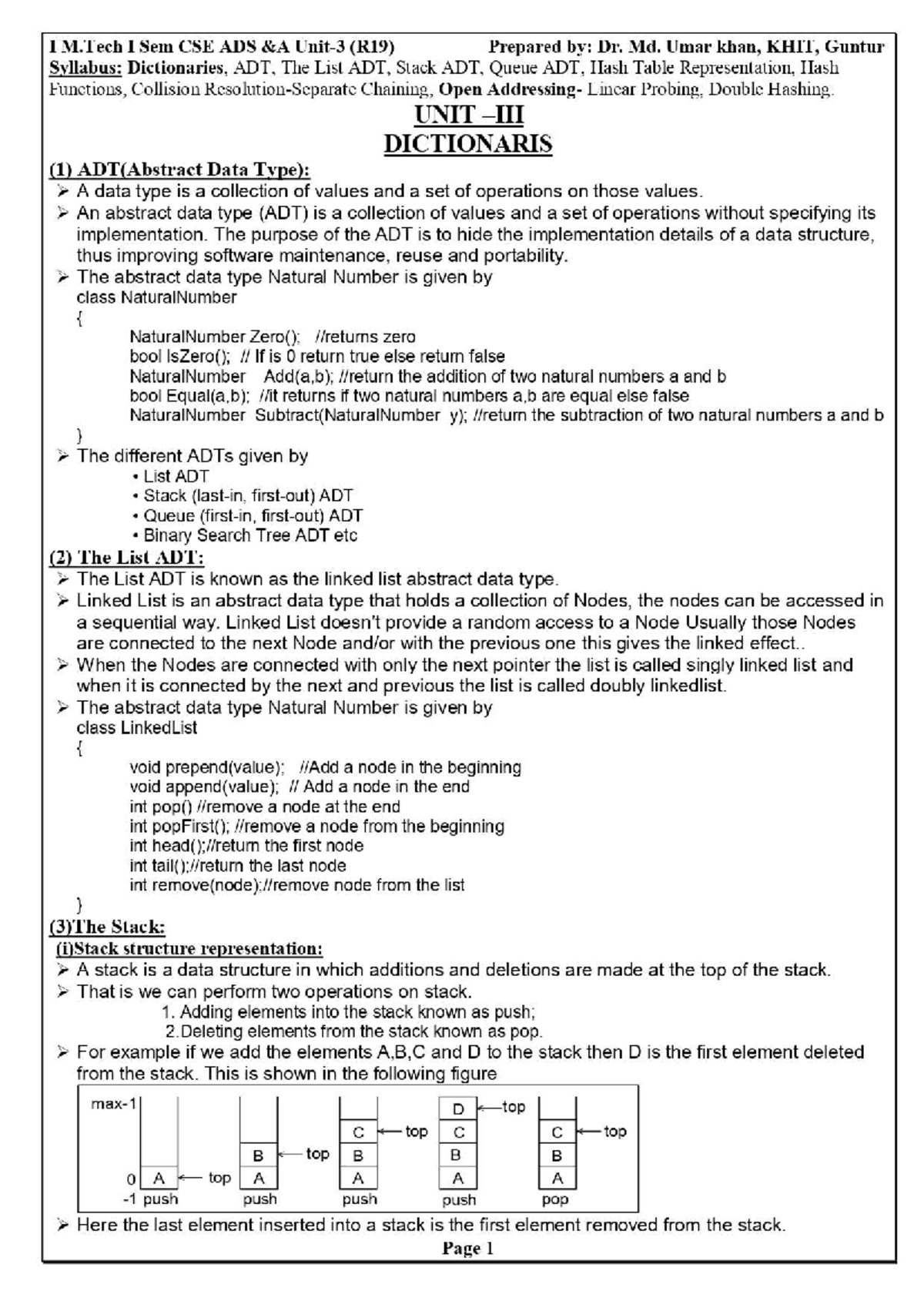 M.Tech CSE ADS Unit-3: Comprehensive Notes on ADTs and Hash Tables ...