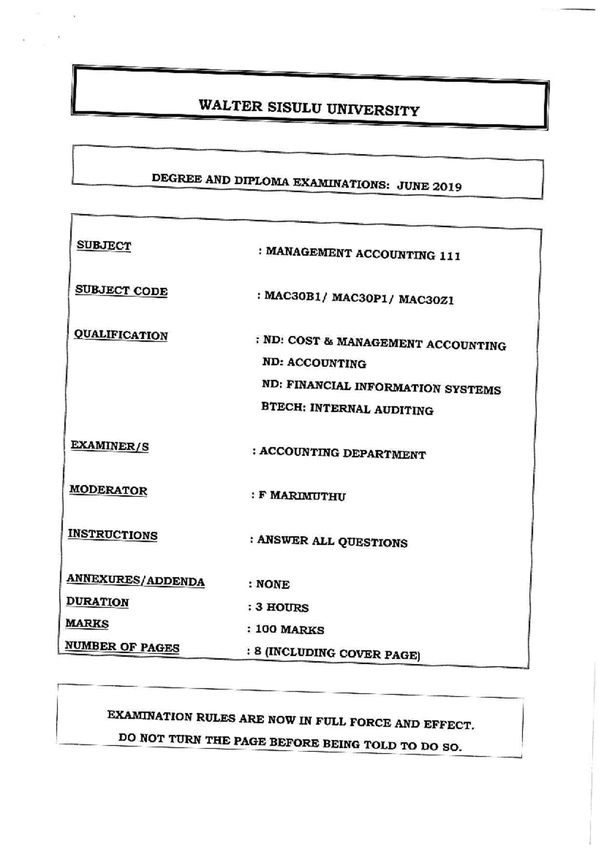 Management Accounting Exam: June 2019 (MAC30B1, MAC30P1, MAC30Z1) - Studocu