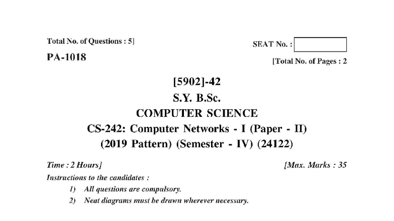 Computer Networks I (24122) - Question Paper (S.Y. B.Sc.) - Studocu