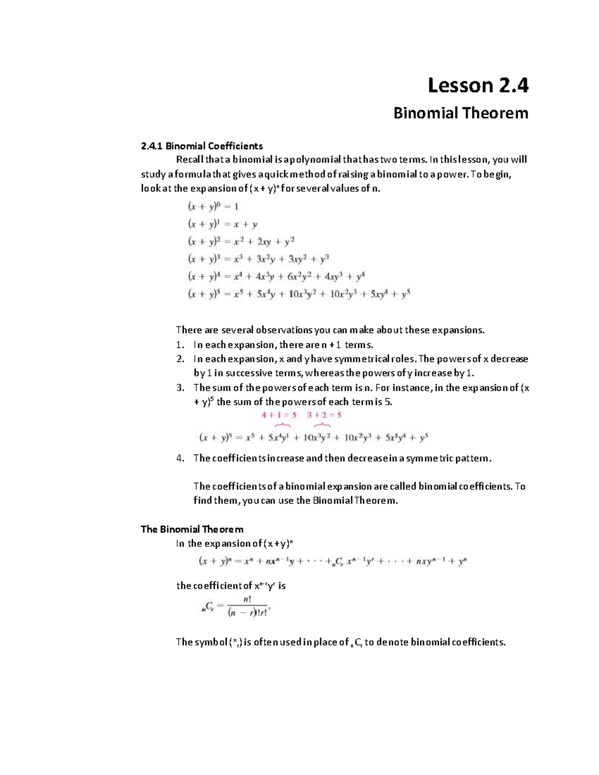 Lesson 2.4: Understanding the Binomial Theorem (Week 009) - Studocu