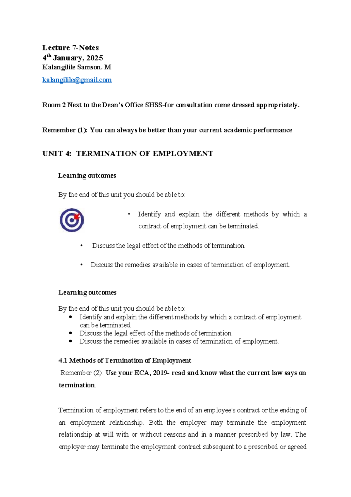 Lecture 7: Employment & Labour Law Notes (Unit 4 - Termination) - Studocu