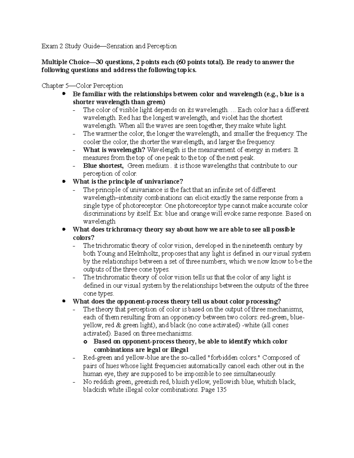 Exam 2 Study Guide S&P 2021 - Exam 2 Study Guide—Sensation and ...