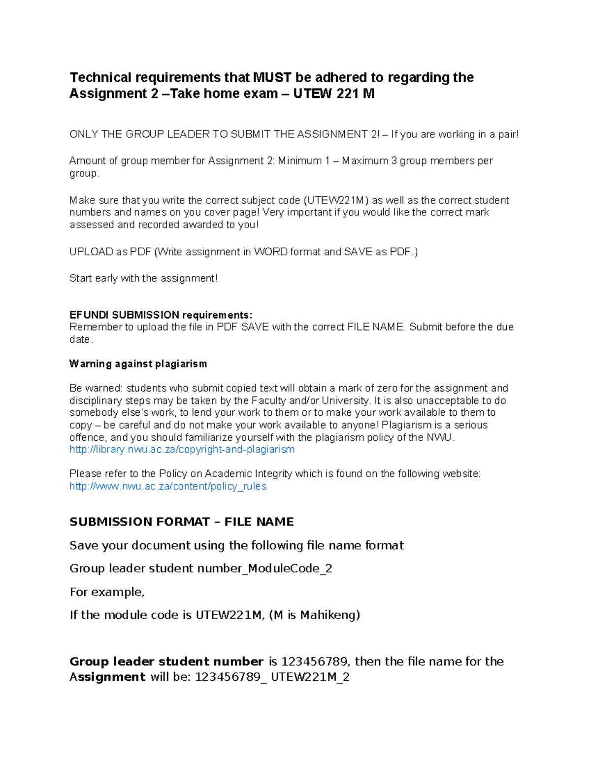 Technical Requirements for Assignment 2 - UTEW 221 M - Studocu