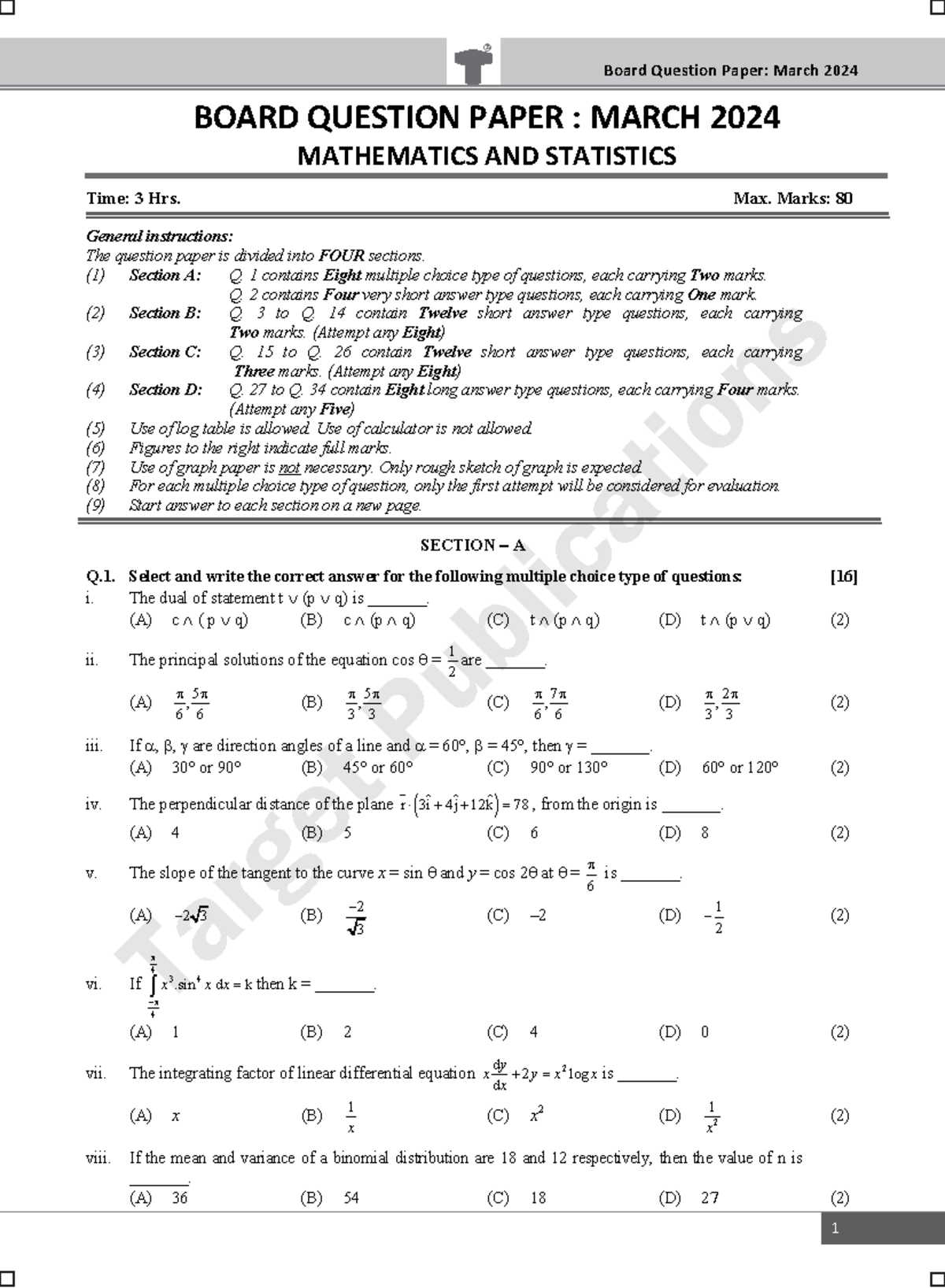 Maharashtra hsc mathematics question paper 2024 - ####### Board ...