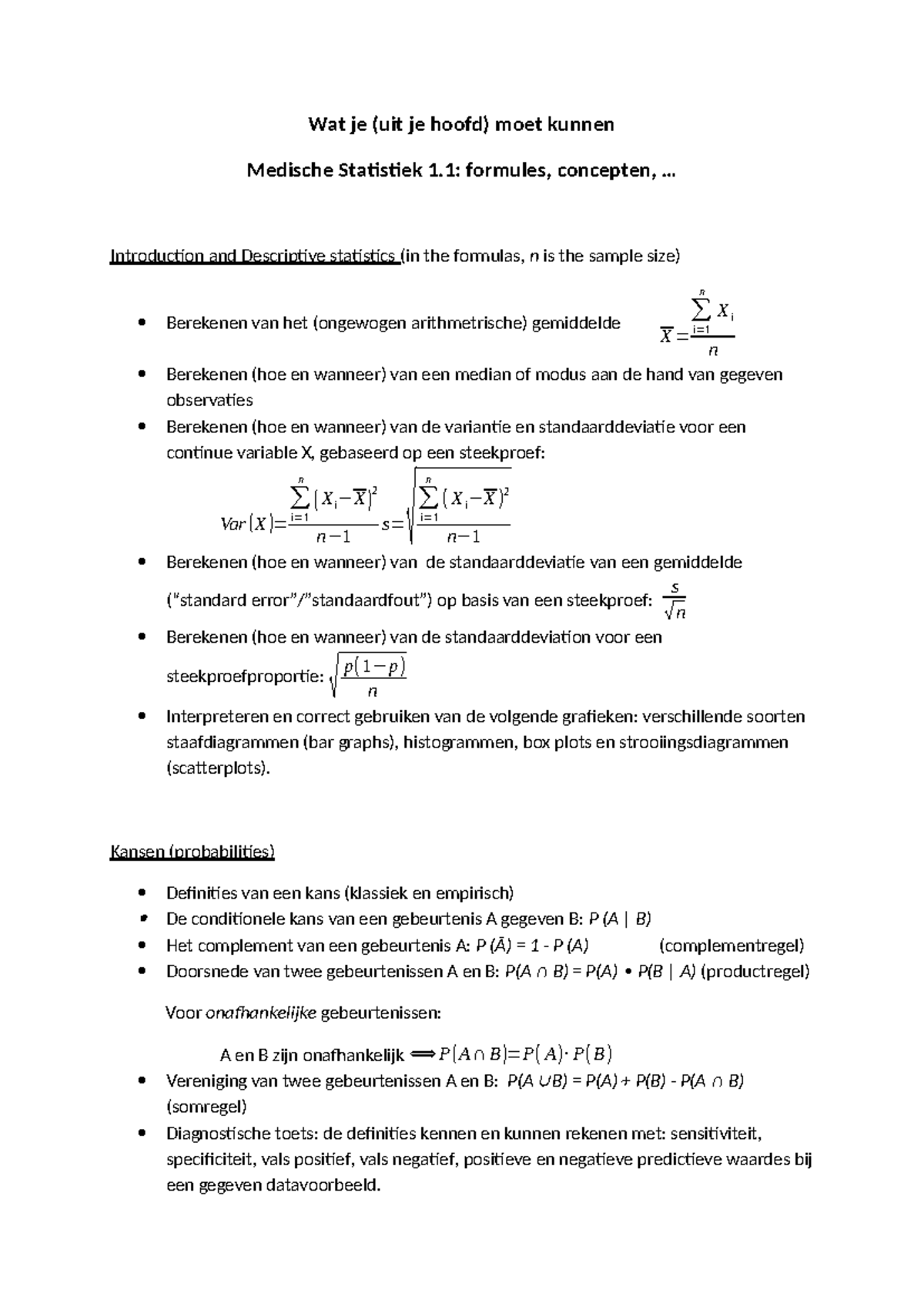 Wat je moet kennen voor Medische Statistiek 1.1: Formules en Concepten ...