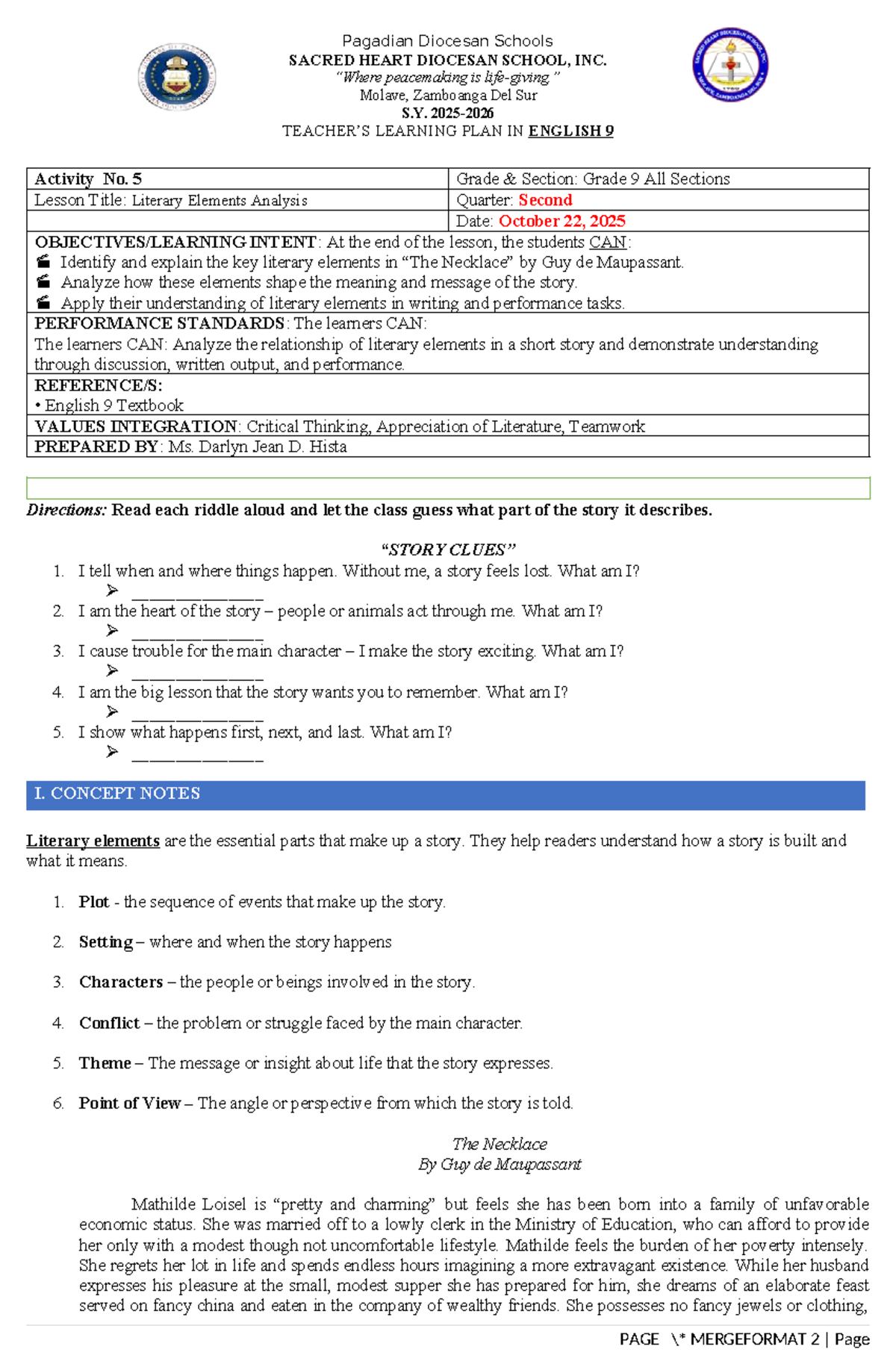 Learning Plan in English 9: Literary Elements Analysis (Q2-Lesson 5 ...