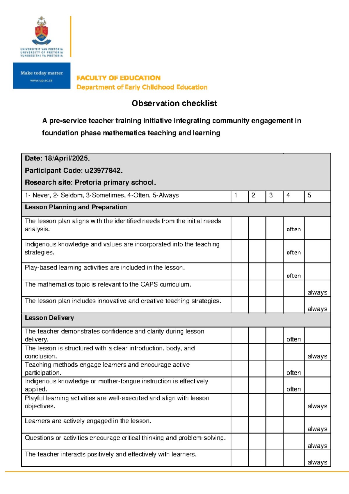 Observation Checklist: Teacher Training Initiative in Foundation Phase ...