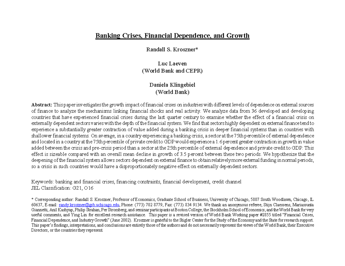 Banking Crises and Growth: The Impact of Financial Dependence - Studocu