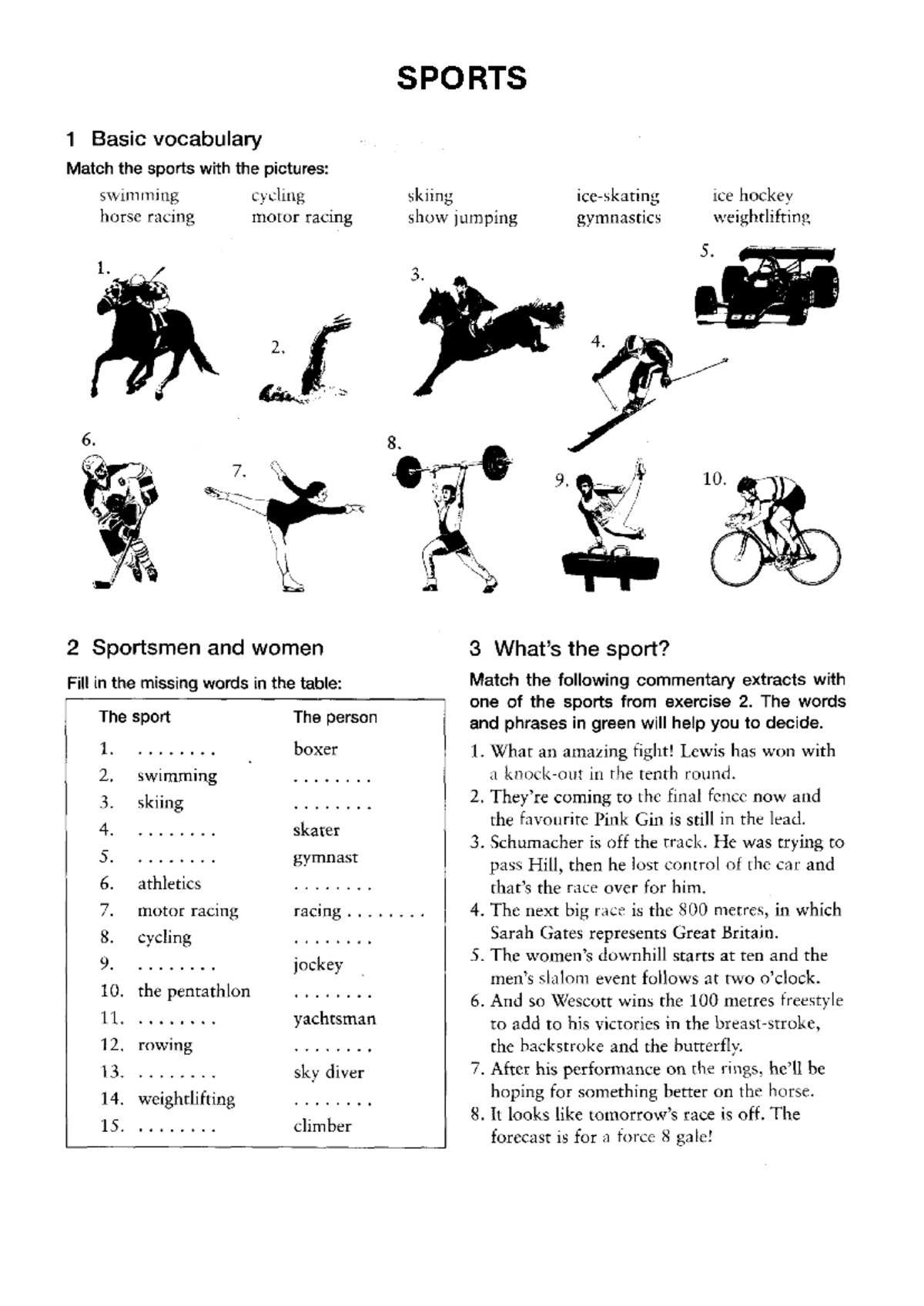 SPORTS 1: Basic Vocabulary & Commentary Matching Exercise - Studocu