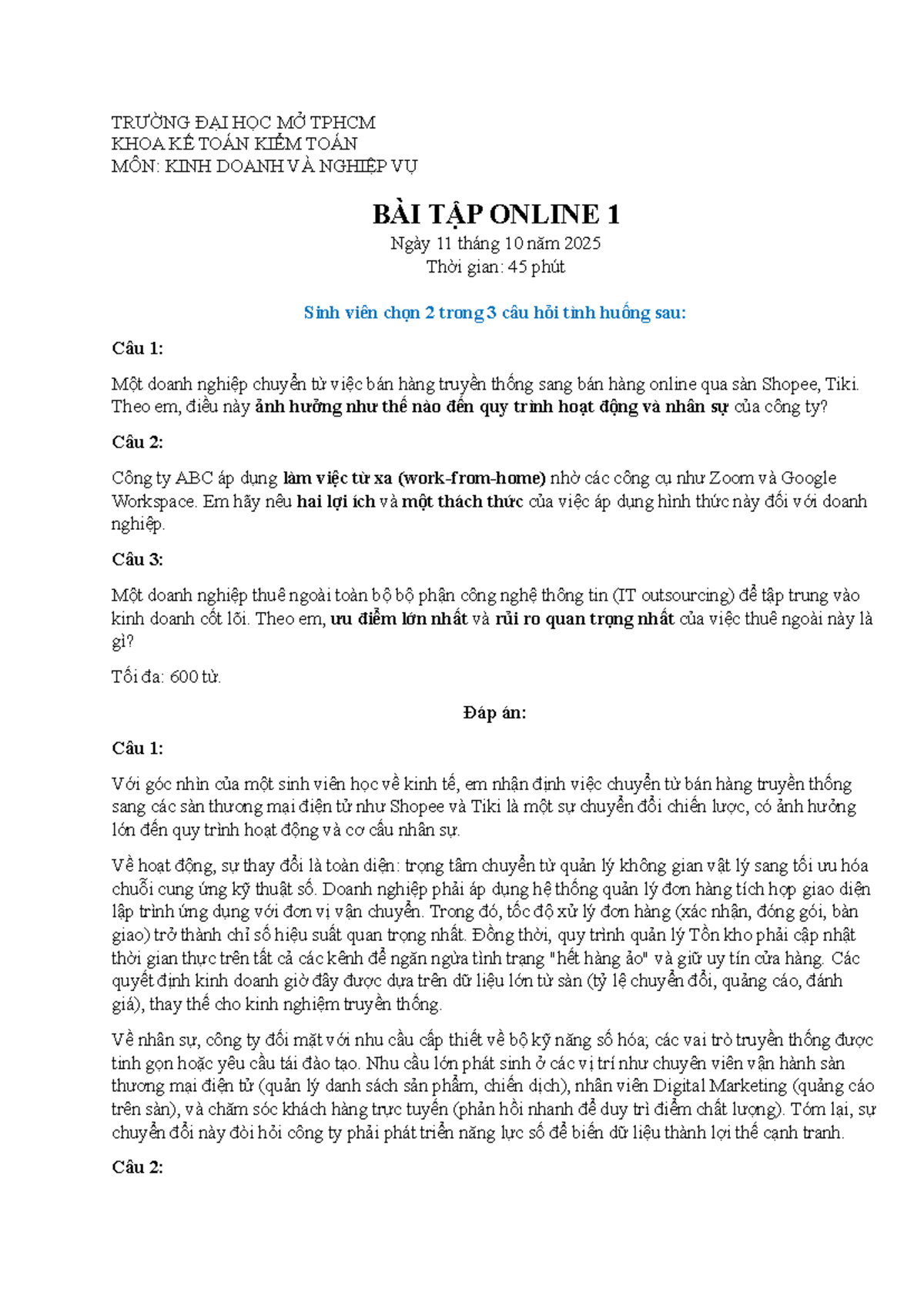 BÀI TẬP ONLINE 1 - KINH DOANH VÀ NGHIỆP VỤ TẠI ĐH MỞ TPHCM - Studocu