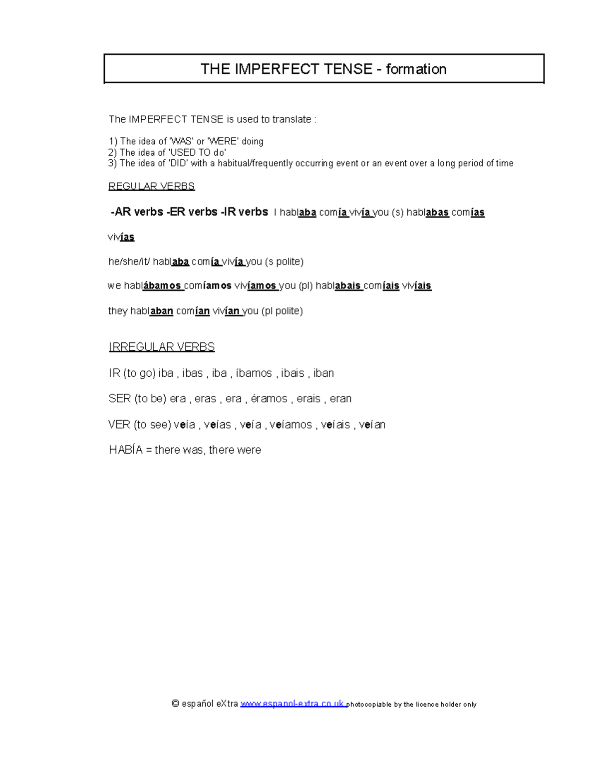Imperfect Tense Formation Notes for Spanish Language (SPAN 101) - THE ...