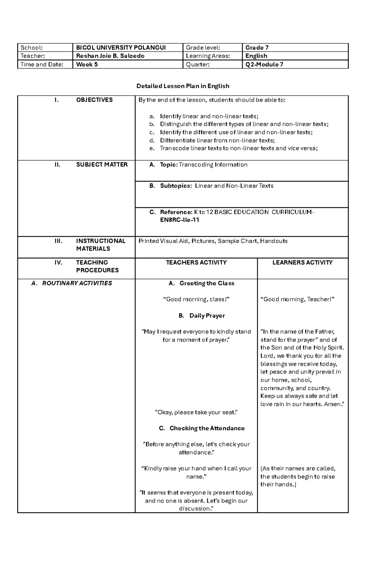 LTS DLP English 7: Detailed Lesson Plan on Transcoding Texts - Studocu