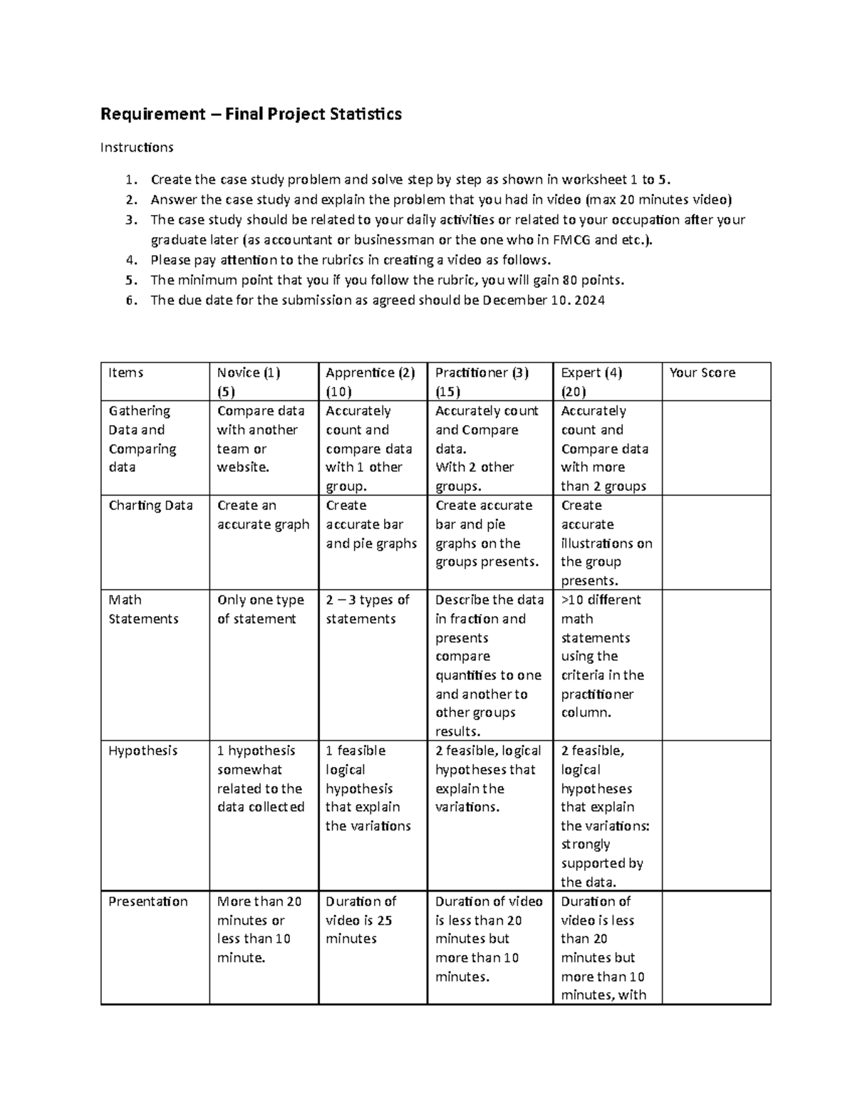 Final Project Instructions - Statistics Case Study Guide - Studocu