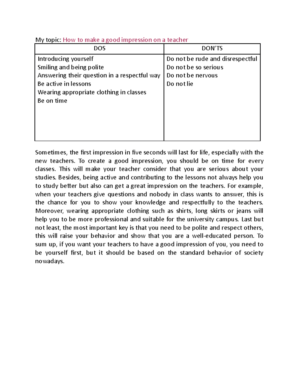 Hw Reading & Writing - Tips for Making a Good Impression on Teachers ...