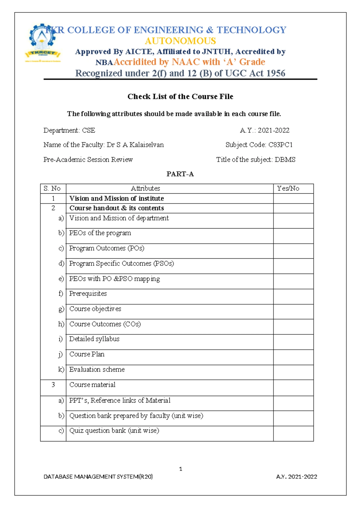 CSE C83PC1 DBMS Course File Checklist and Guidelines - Studocu