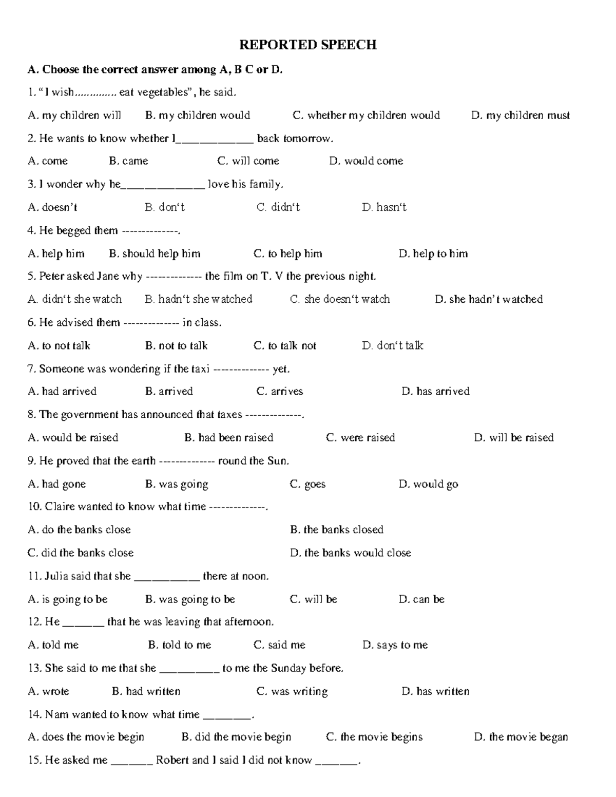 Reported Speech - Luyện Thi Vào 10: Practice Questions and Answers - Document Preview