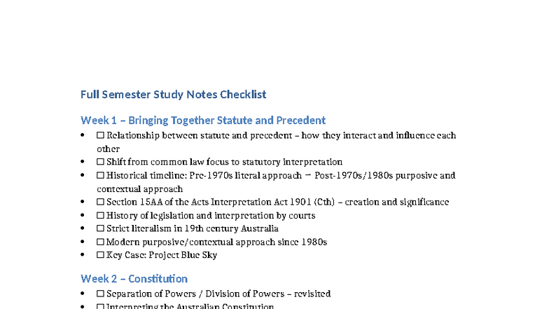 LAWS101 Full Semester Study Notes Checklist: Statute & Precedent ...