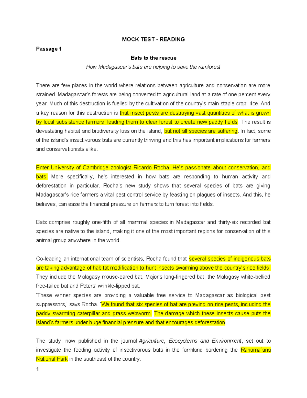 Mock Test - Reading (Passages on Bats and Education) - Studocu