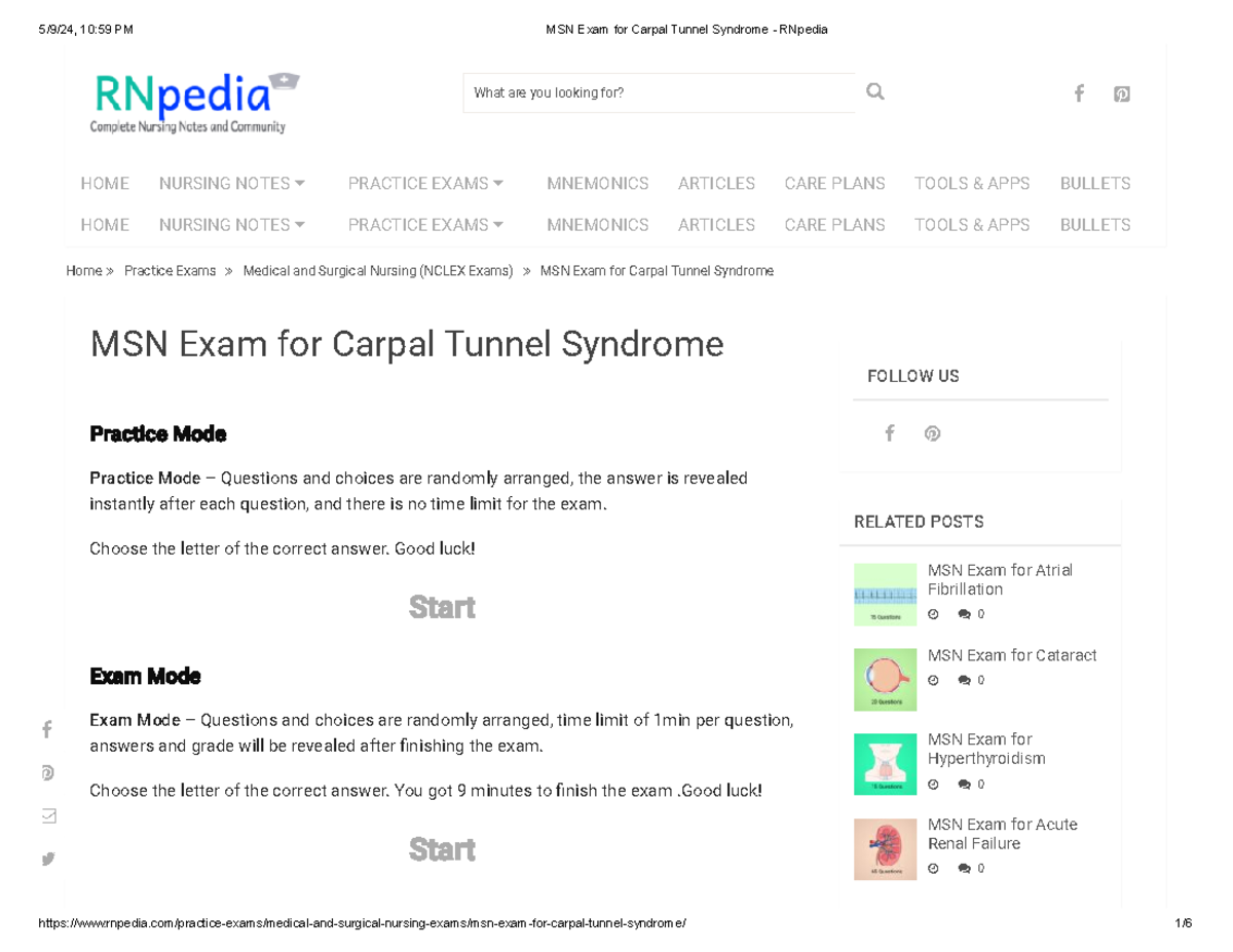 MSN Exam Practice: Carpal Tunnel Syndrome Review and Questions - Studocu
