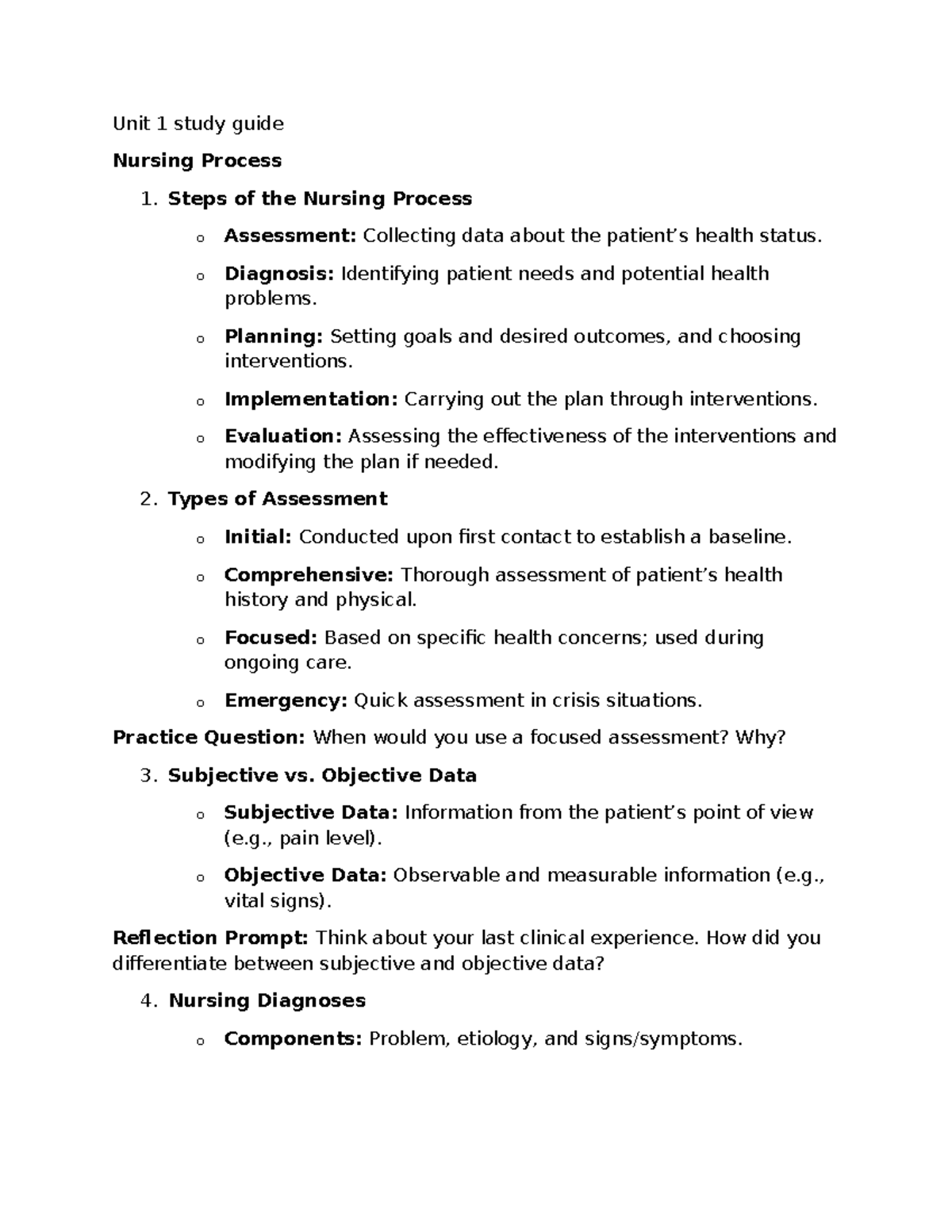 Unit 1 study guide - Unit 1 study guide Nursing Process 1. Steps of the ...