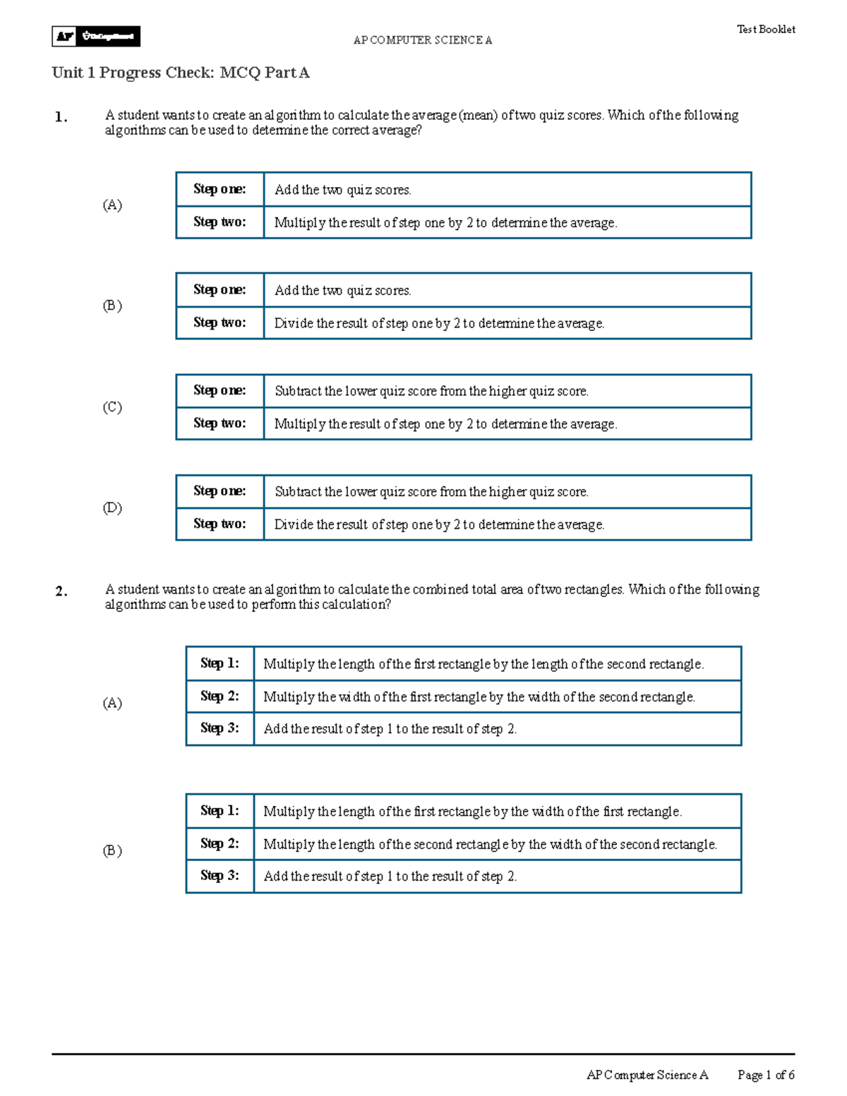 AP Computer Science A Unit 1 Progress Check: MCQ Test Booklet - Studocu