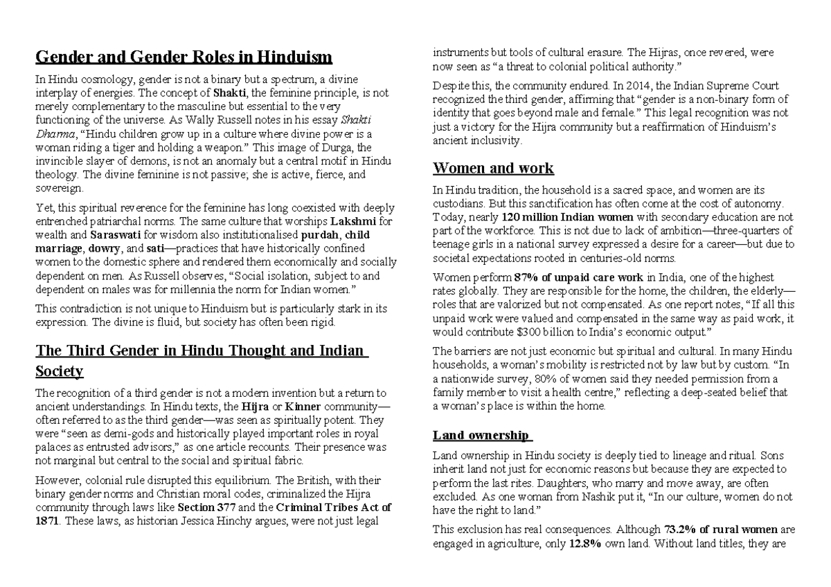 Gender Roles and Dynamics in Hinduism: A Comprehensive Study - Studocu