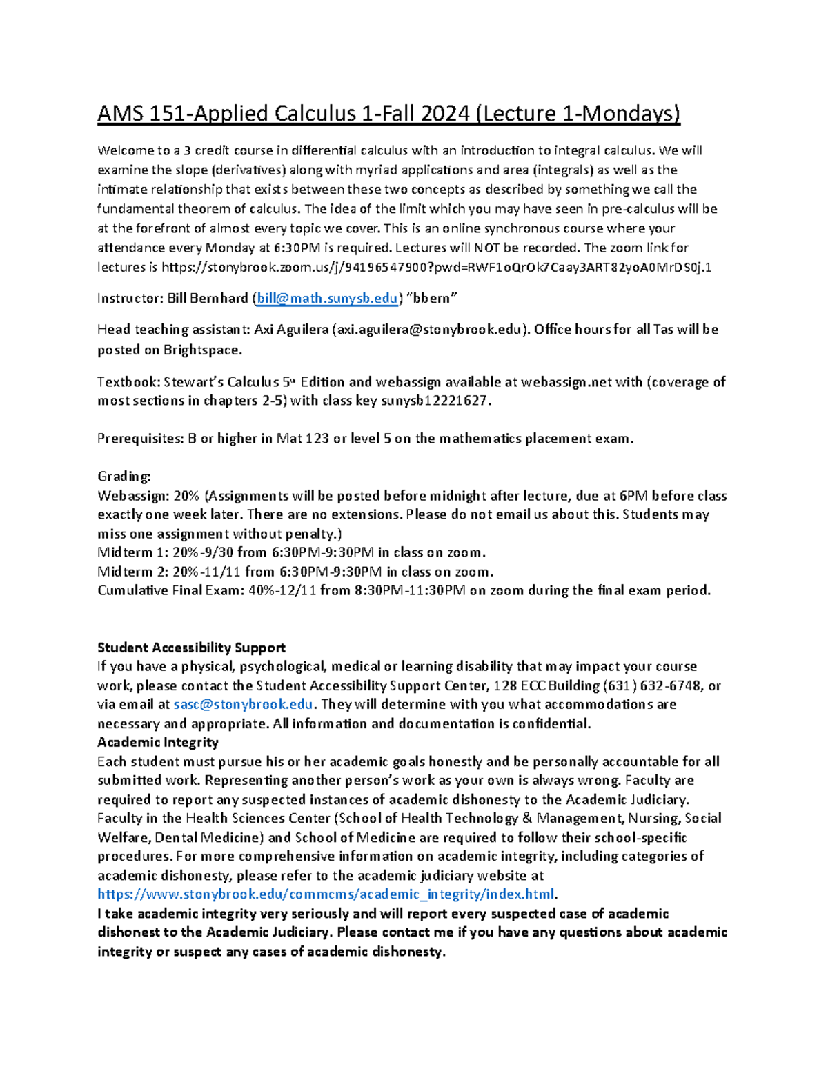 AMS 151 Fall 2024 - Syllabus for Applied Calculus 1 (Lecture) - Studocu