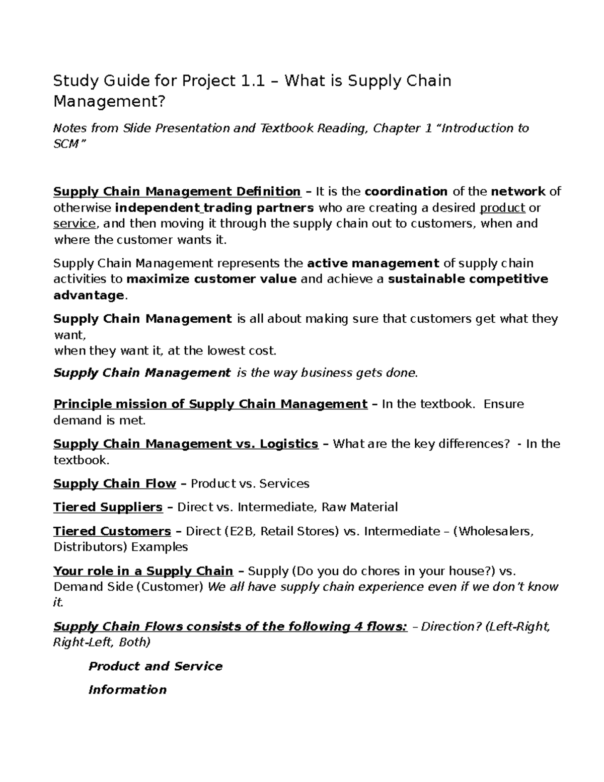 Supply Chain Management Overview - Study Guide for Intro to SCM - Studocu