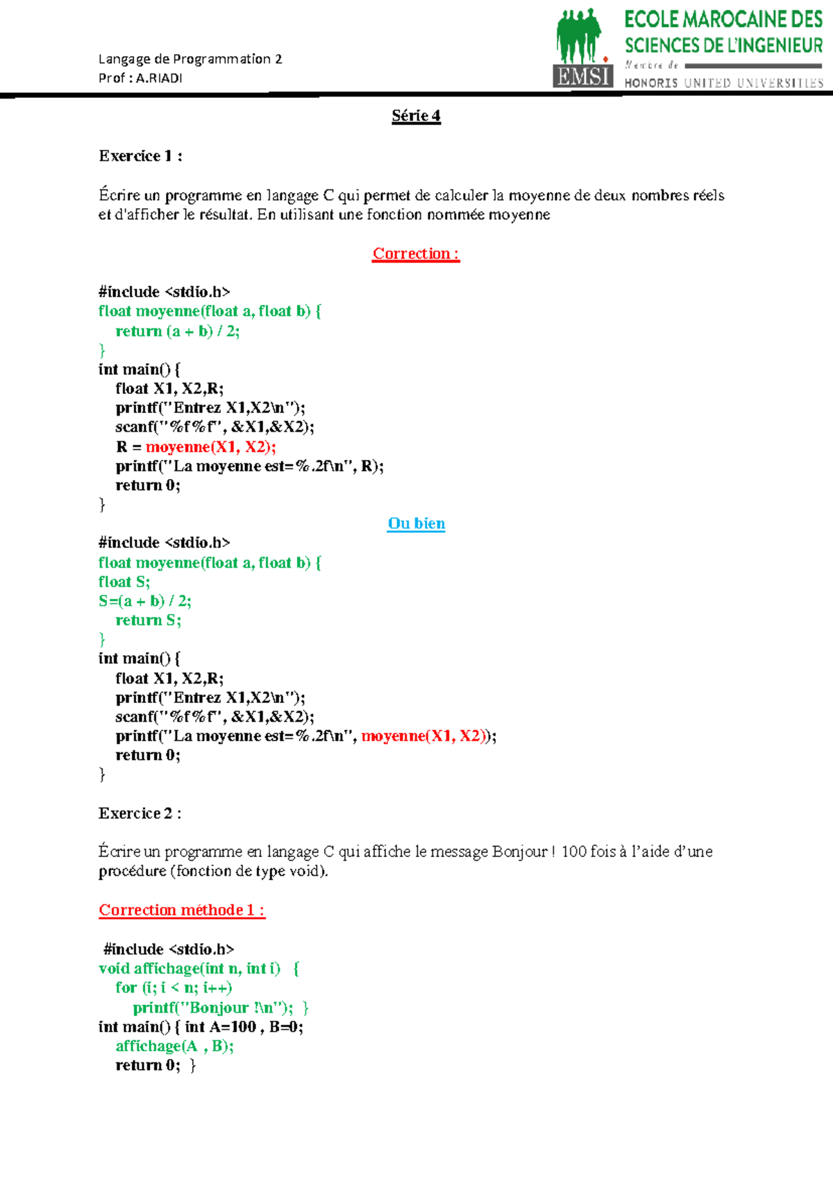 Langage de Programmation 2 - Série 4 Correction des Exercices en C ...