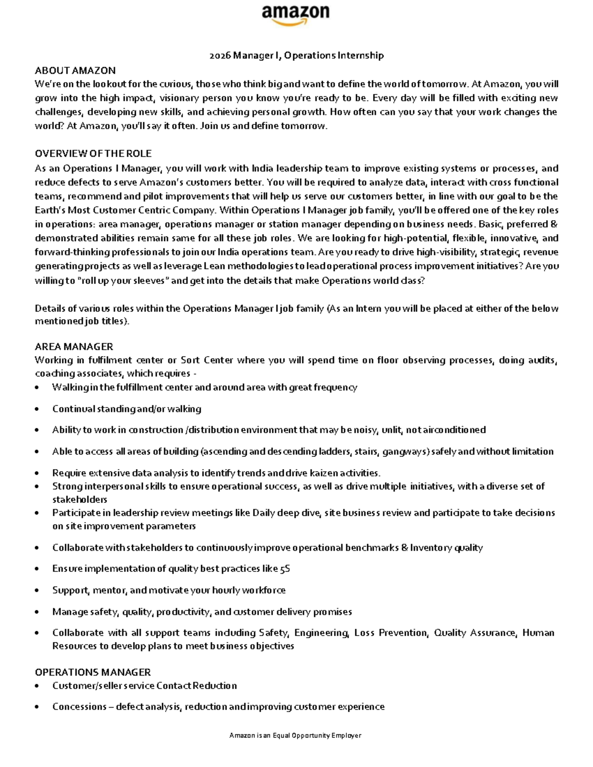 L4 Manager I Operations Internship Overview 2026 - Studocu