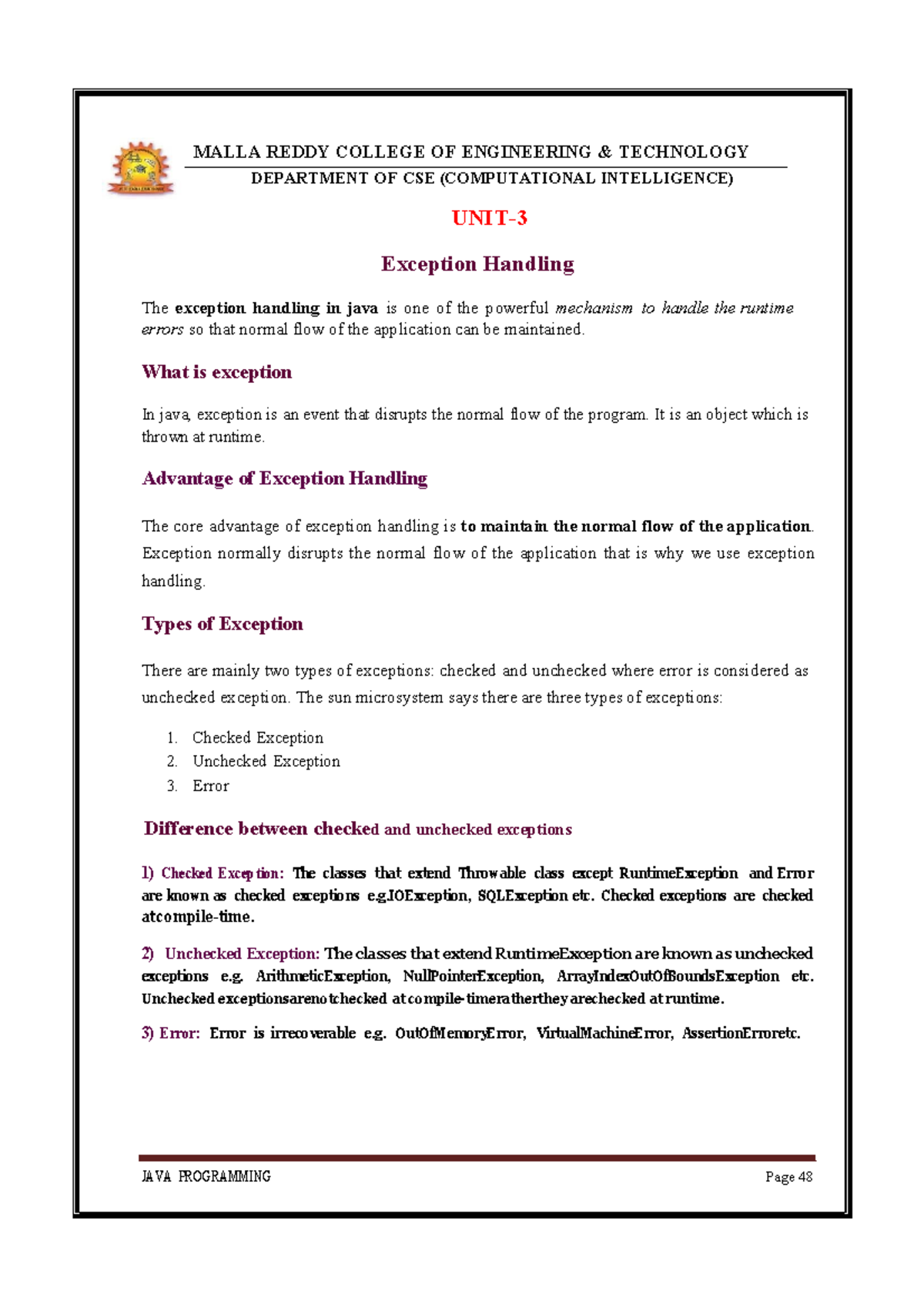 Unit 2 JAVA Notes: Exception Handling and Multithreading Concepts - Studocu