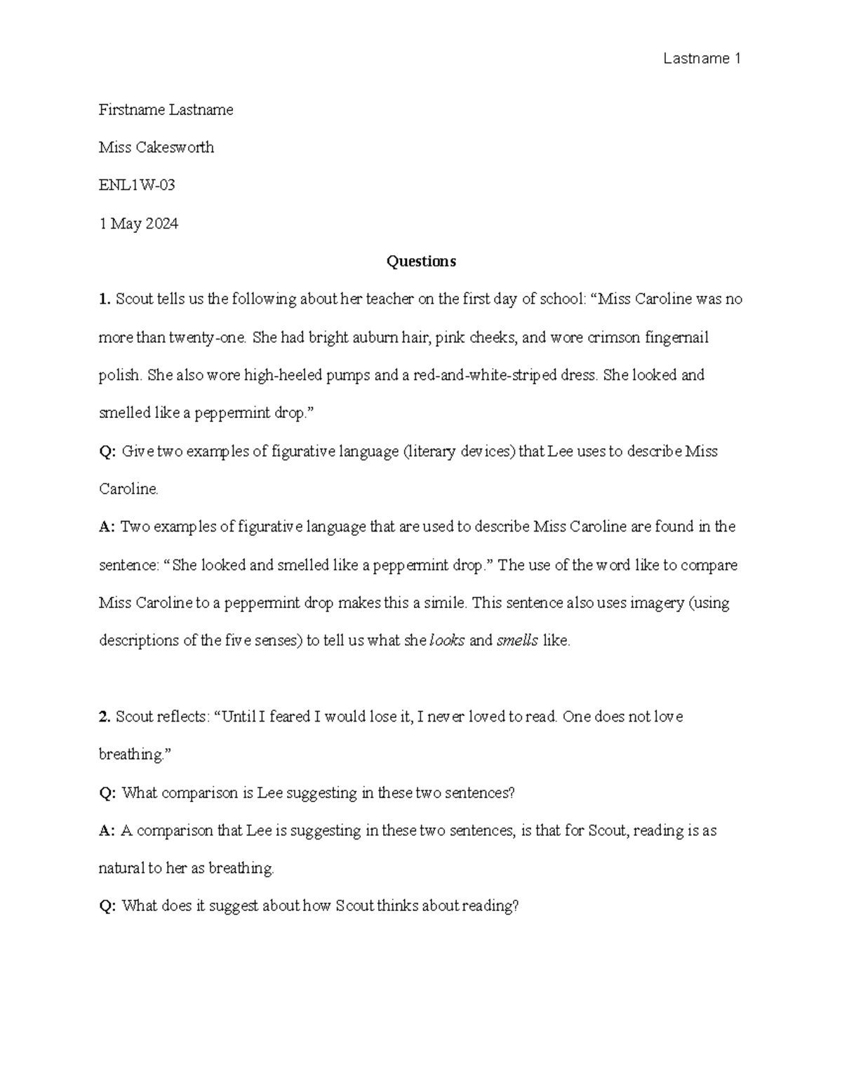 TKAM Chapter 2 Q&A: Figurative Language & Scout's Reflections - Studocu