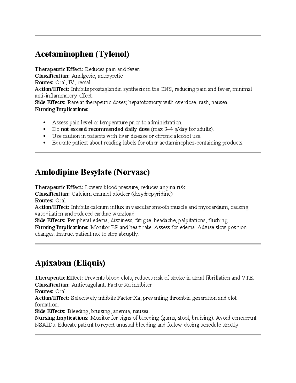 Med Cards - Notes: Therapeutic Effects and Nursing Implications - Studocu