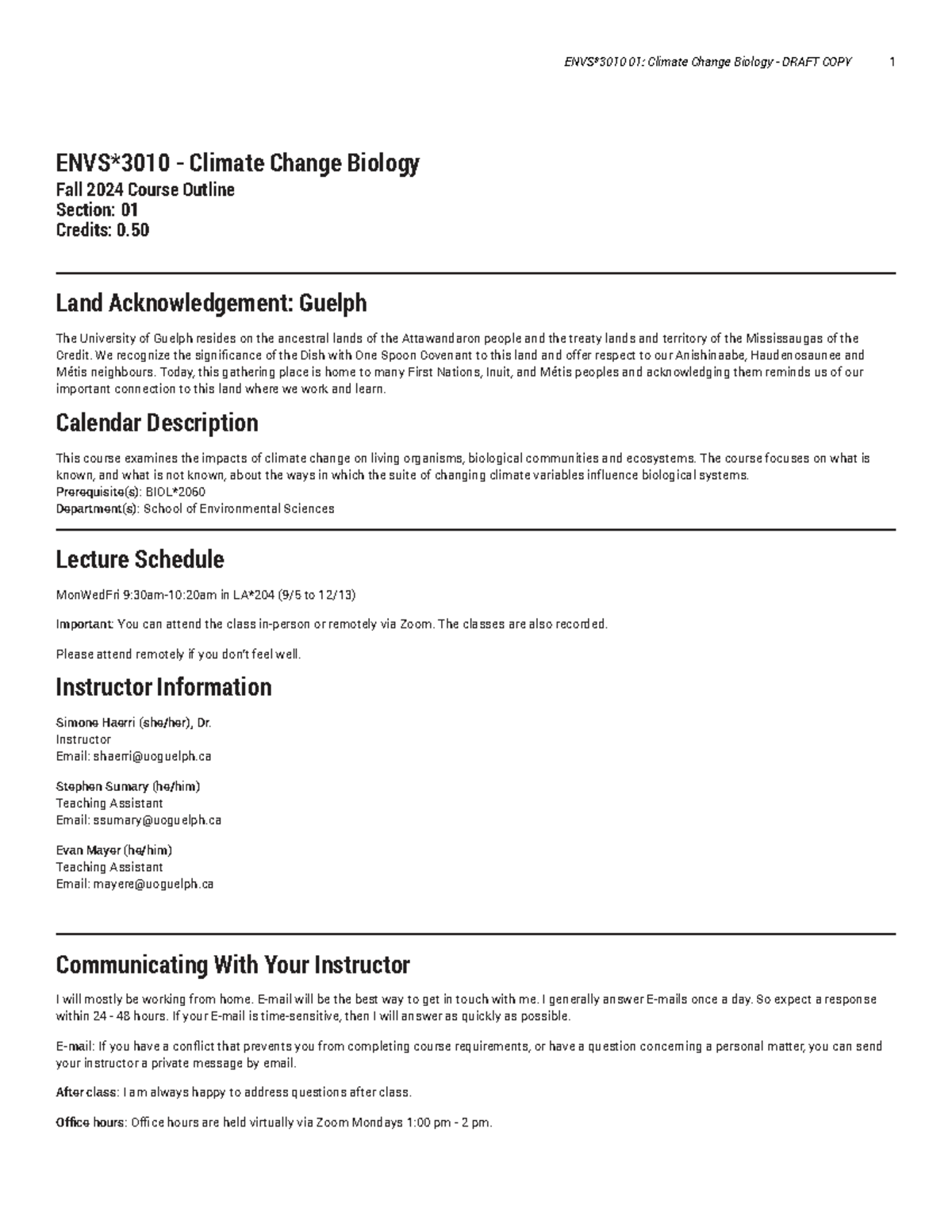 ENVS3010: Climate Change Biology Course Outline - Fall 2024 - Studocu