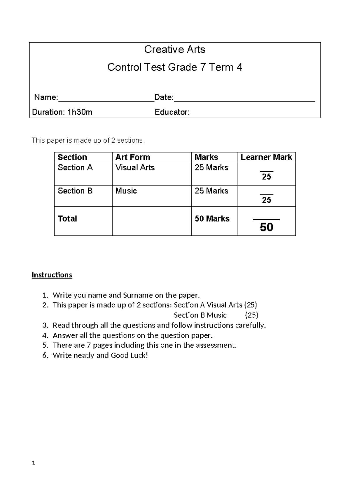Grade 7 Creative Arts Term 4 Control Test Nov 2023 Studocu
