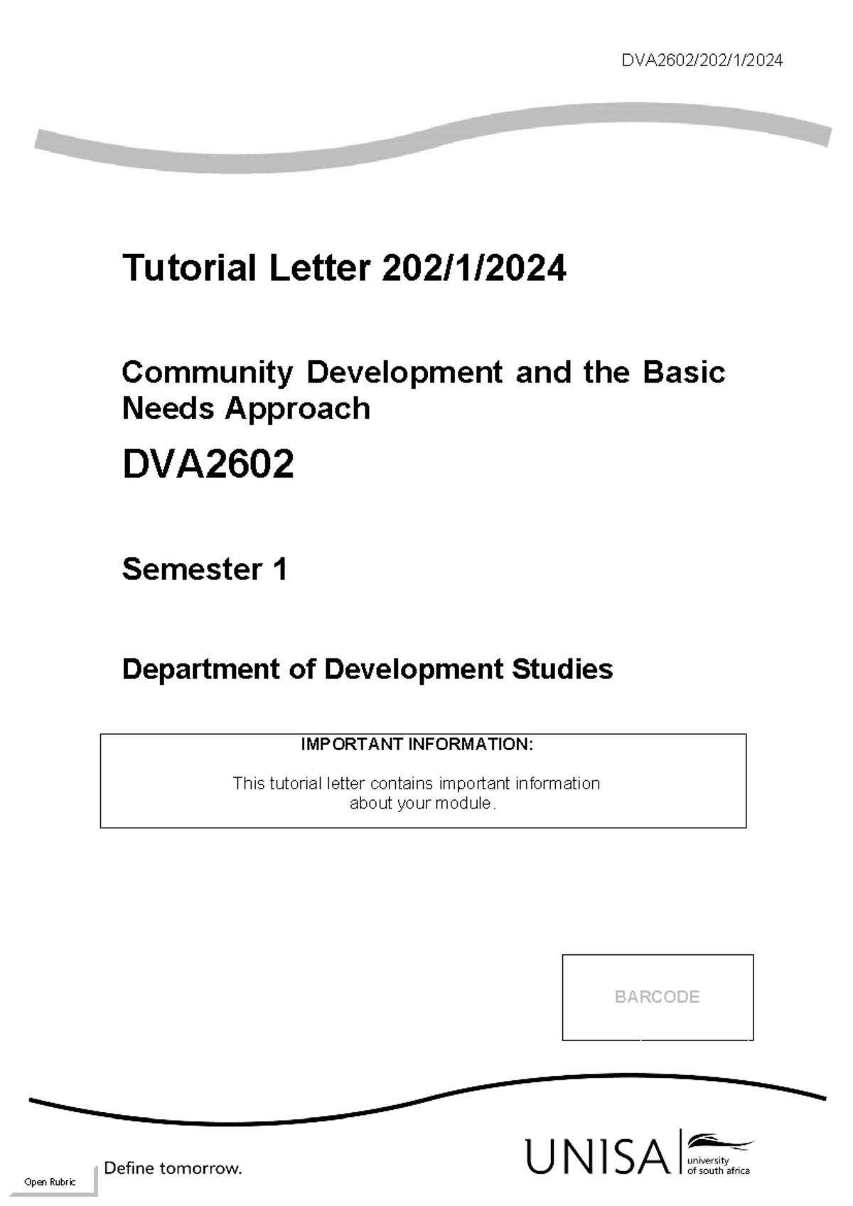 DVA2602 Tutorial Letter 202/1: Community Development Insights and ...