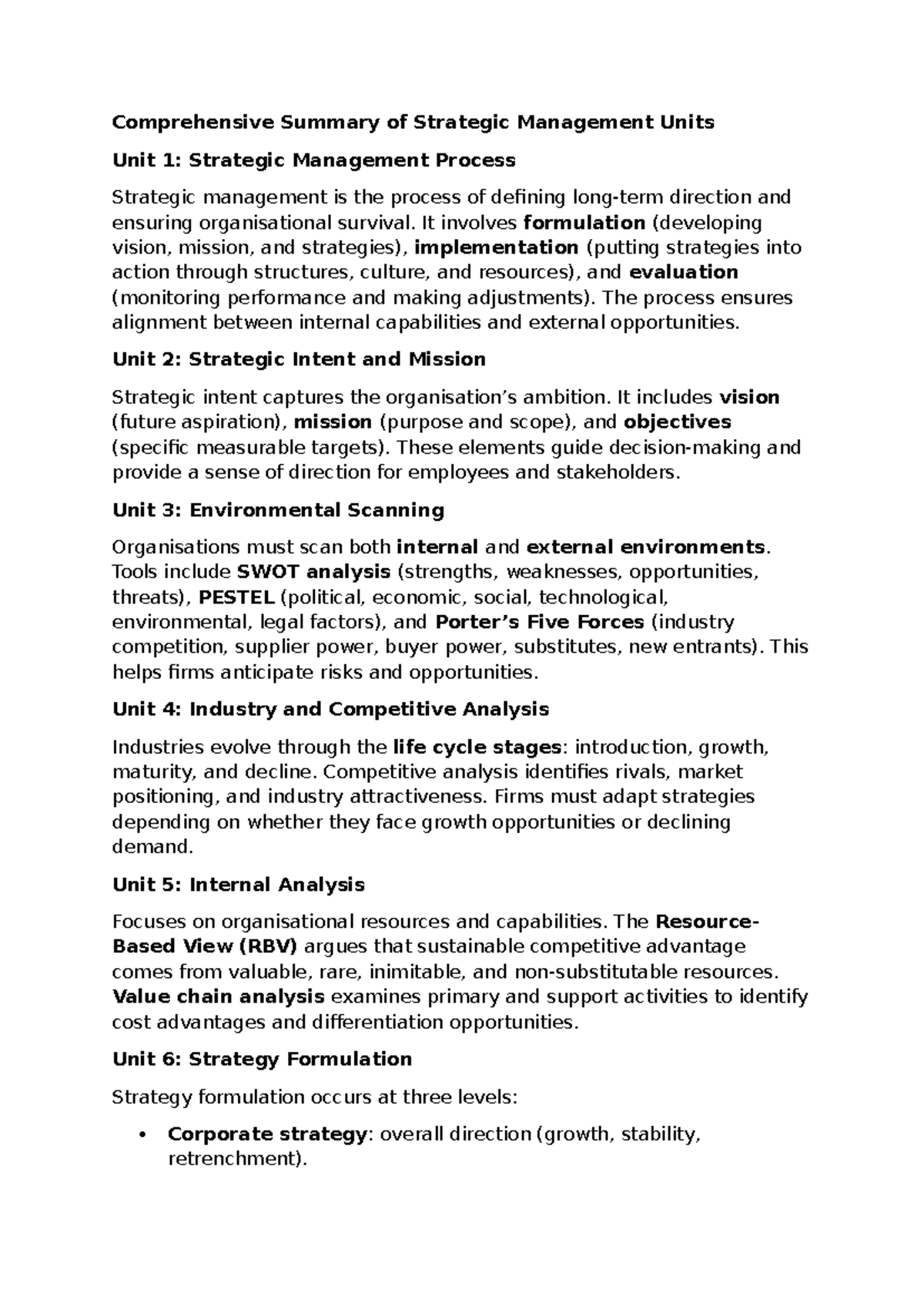 Strategic Management Overview: Key Units & Concepts Summary - Studocu