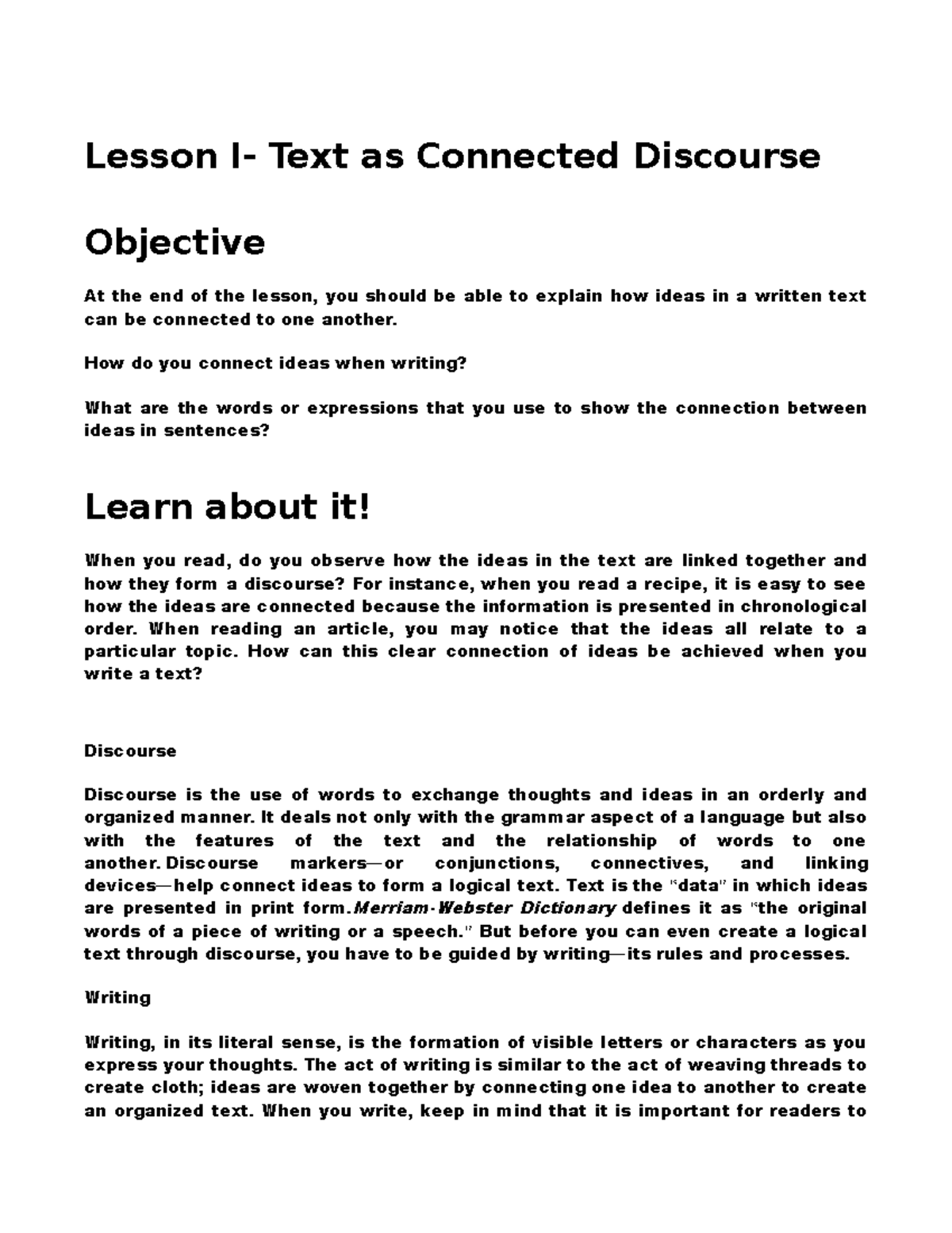 Reading and Writing Module: Text Discourse and Organization Techniques ...