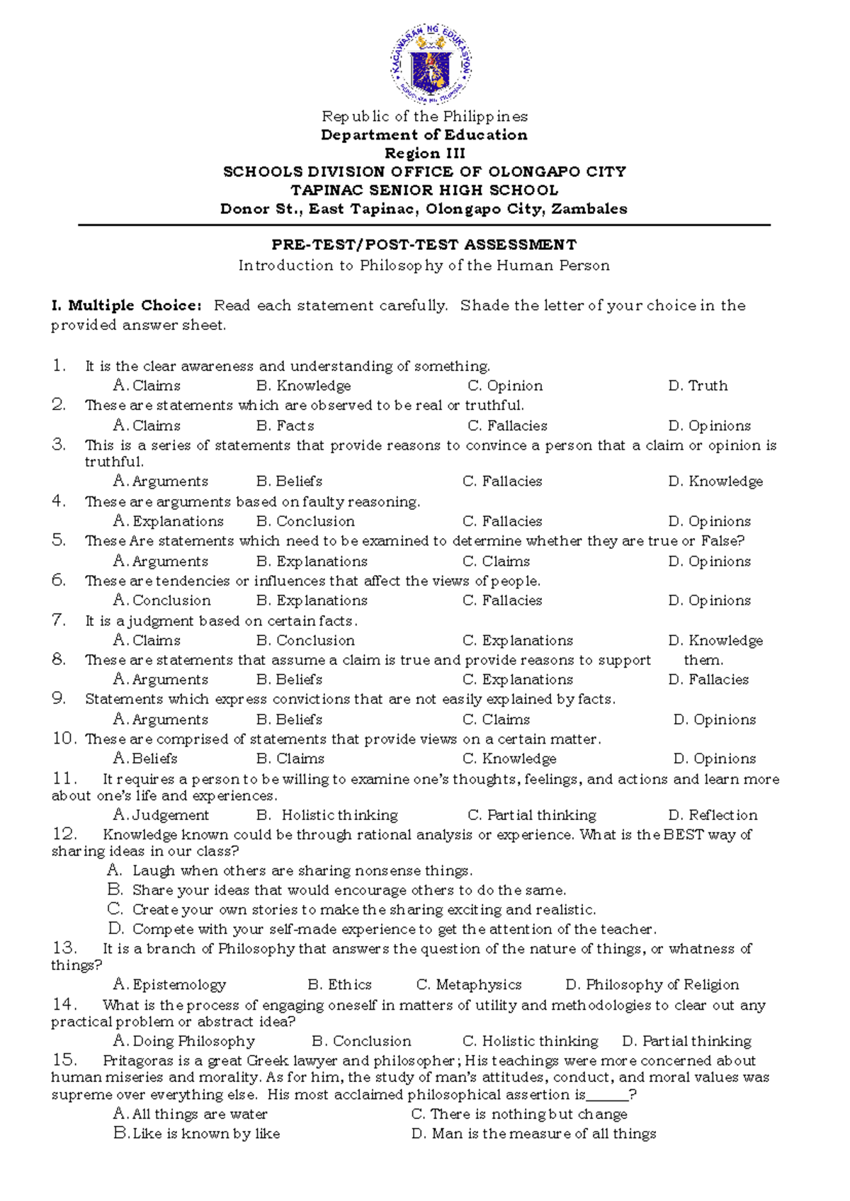 Pretest/Post-Test: Intro to Philosophy of the Human Person - 2 - Studocu
