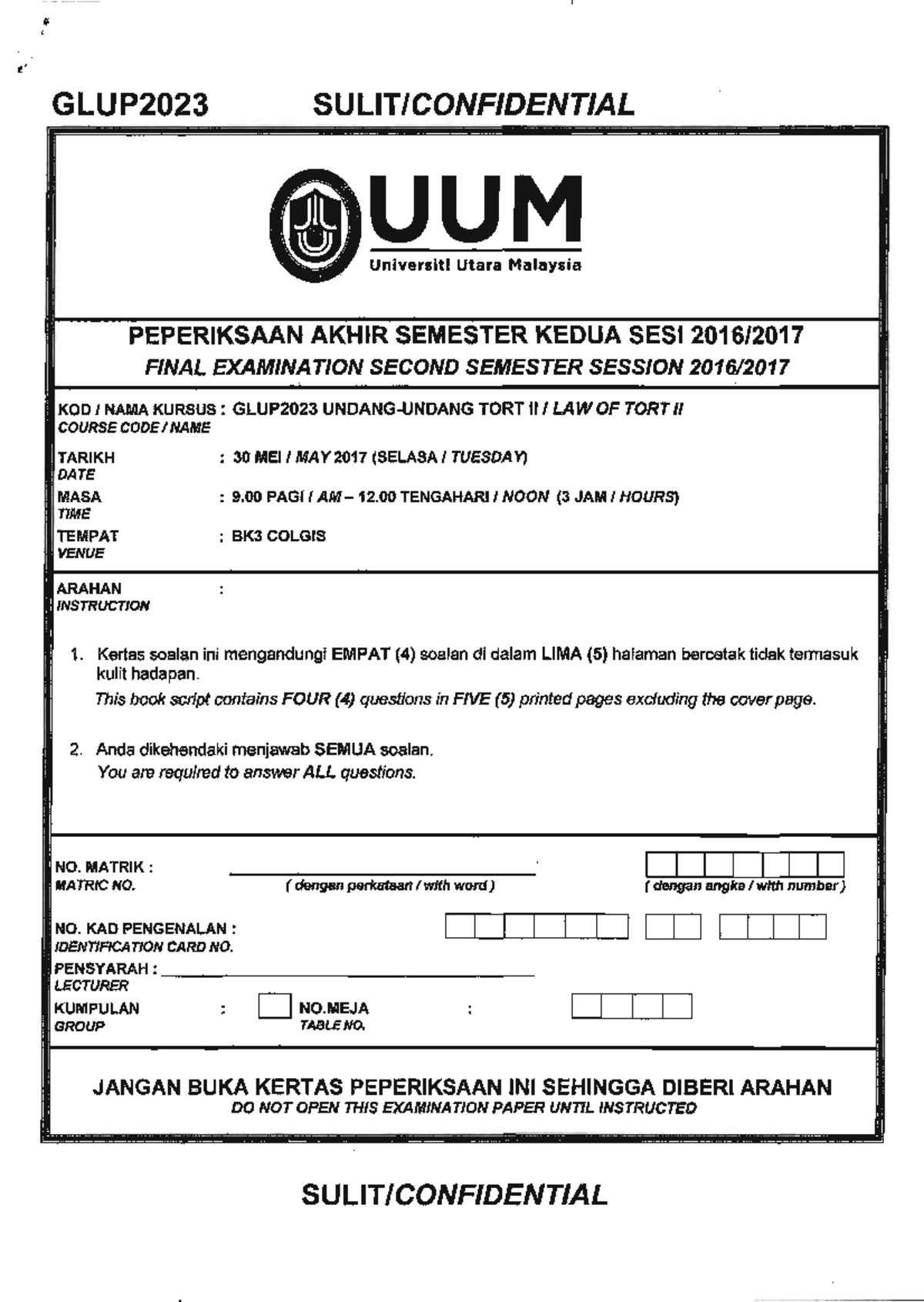 GLUP2023 Final Exam Questions for Law of Tort II - Sem 2 2016/2017 ...