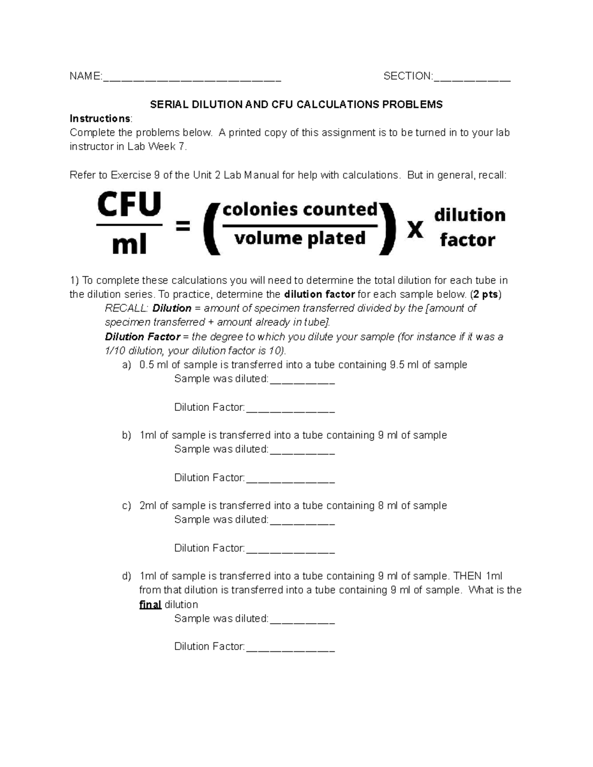 S24 Homework: Serial Dilution & CFU Calculations Guide - Studocu