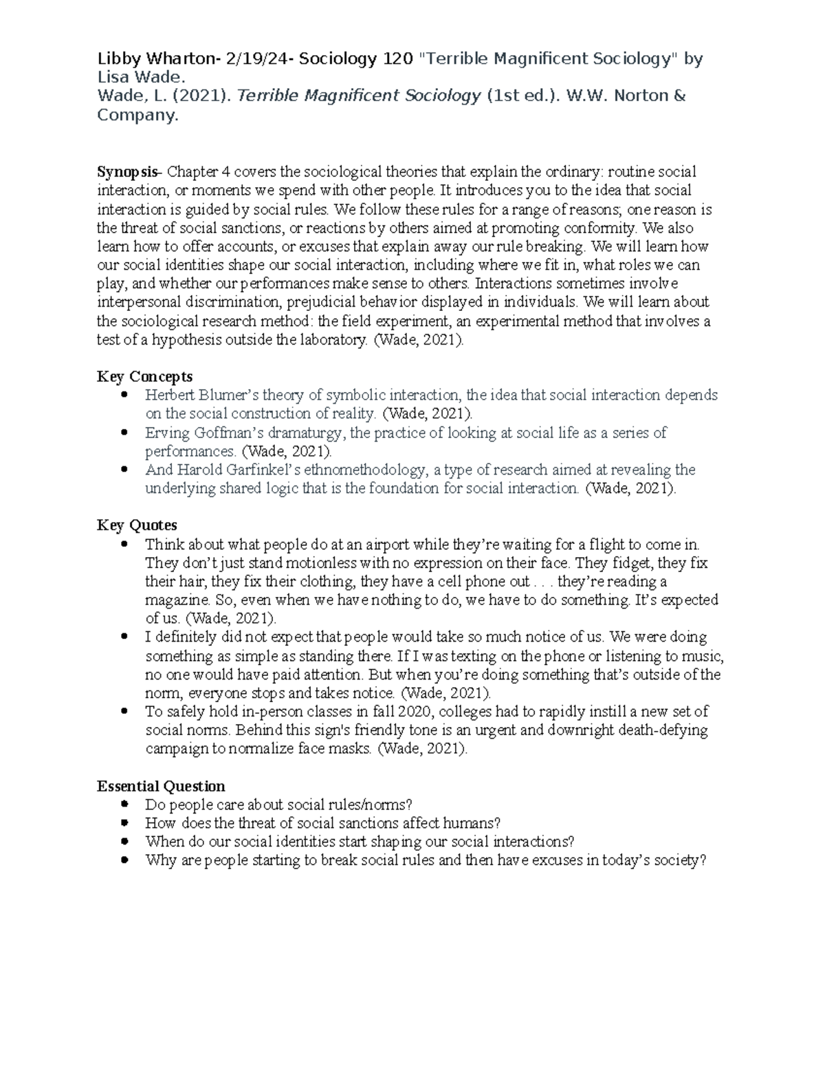 Sociology 120 Lecture Notes: Key Insights from Wade's Chapter 4 - Studocu