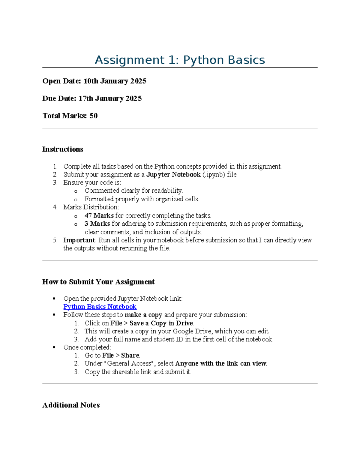 Assignment 1 - Questions - Assignment 1: Python Basics Open Date: 10th ...
