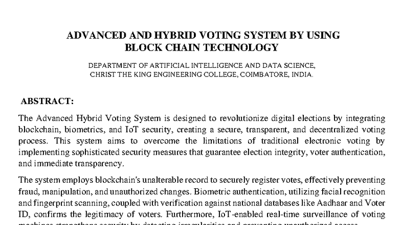 ADVANCED HYBRID VOTING SYSTEM USING BLOCKCHAIN - PROJECT ABSTRACT - Studocu