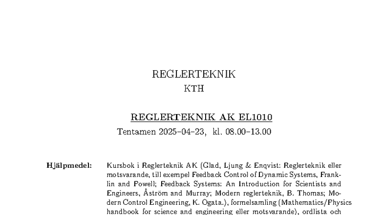 REGLERTEKNIK KTH EL1010 Tentamen 2025-04-23 - Exam Instructions and ...