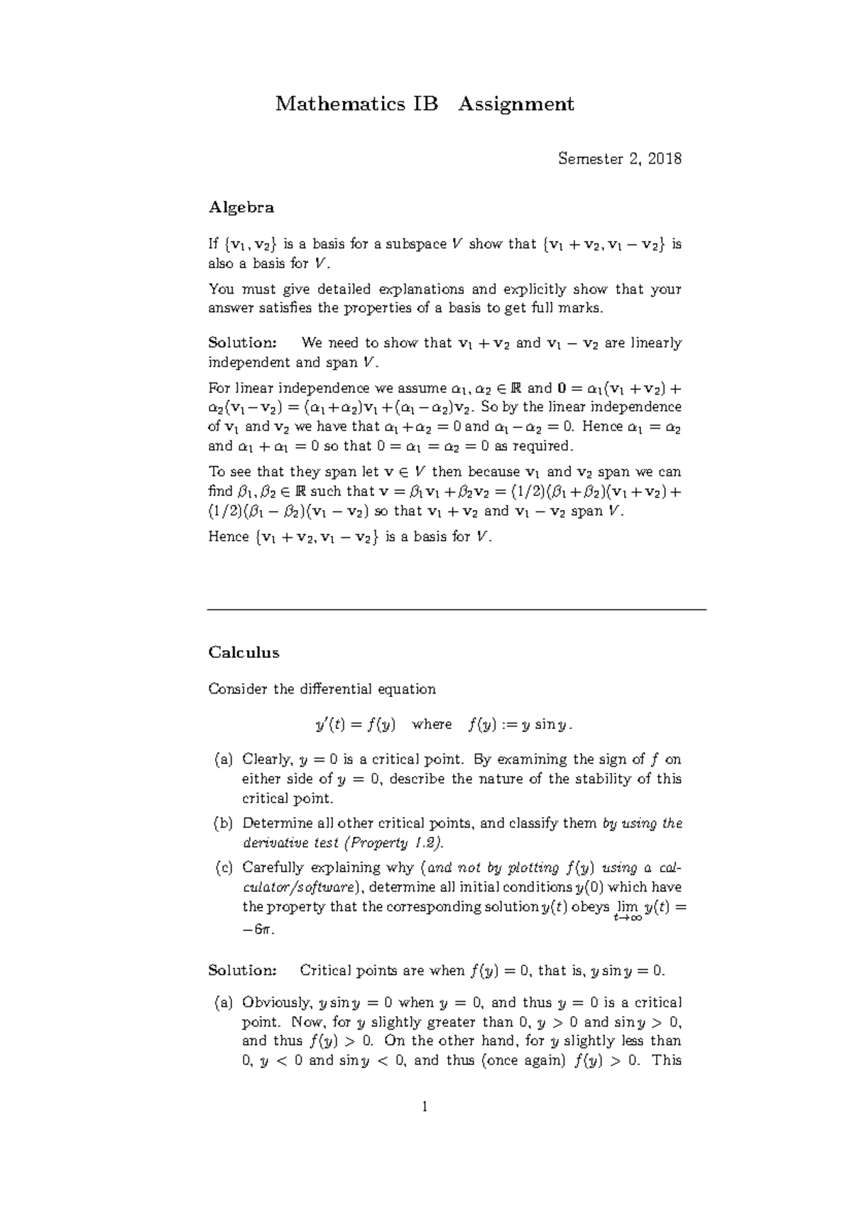 MATHS 1012 - Assignment 1 - Mathematics IB Assignment Semester 2, 2018 ...