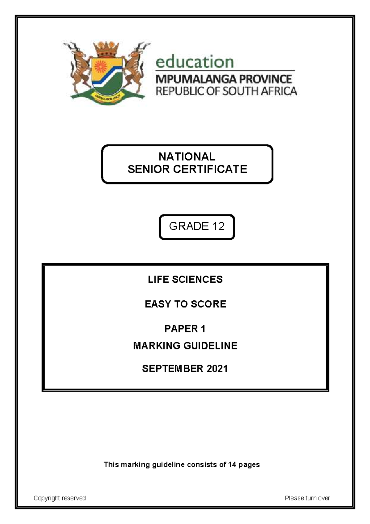 4 LIFE SCIENCES NSC Paper 1 Marking Guideline - Sept 2021 - Studocu