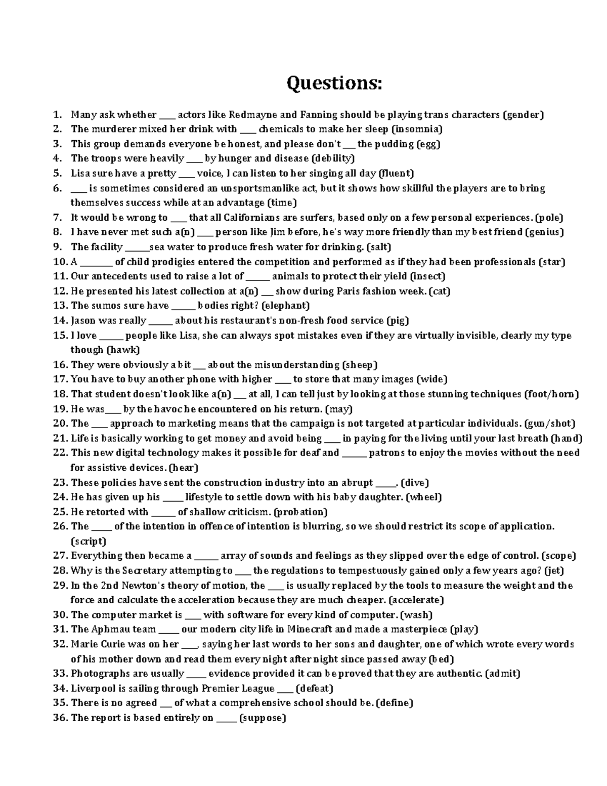 Word Formation Exercises: Questions and Answers (ENG 101) - Studocu