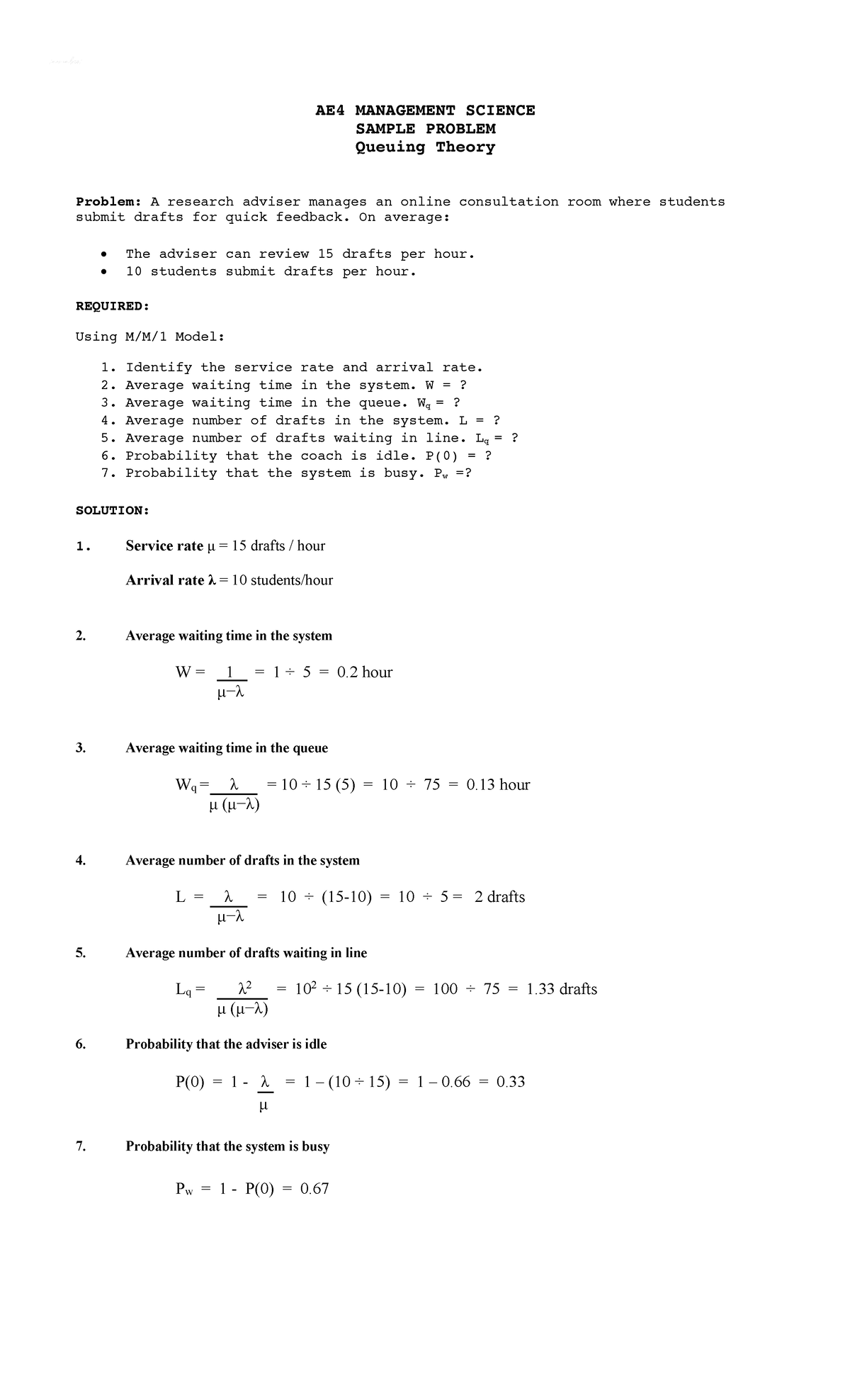 AE4 MANAGEMENT SCIENCE: Queuing Theory Sample Problem Analysis - Studocu