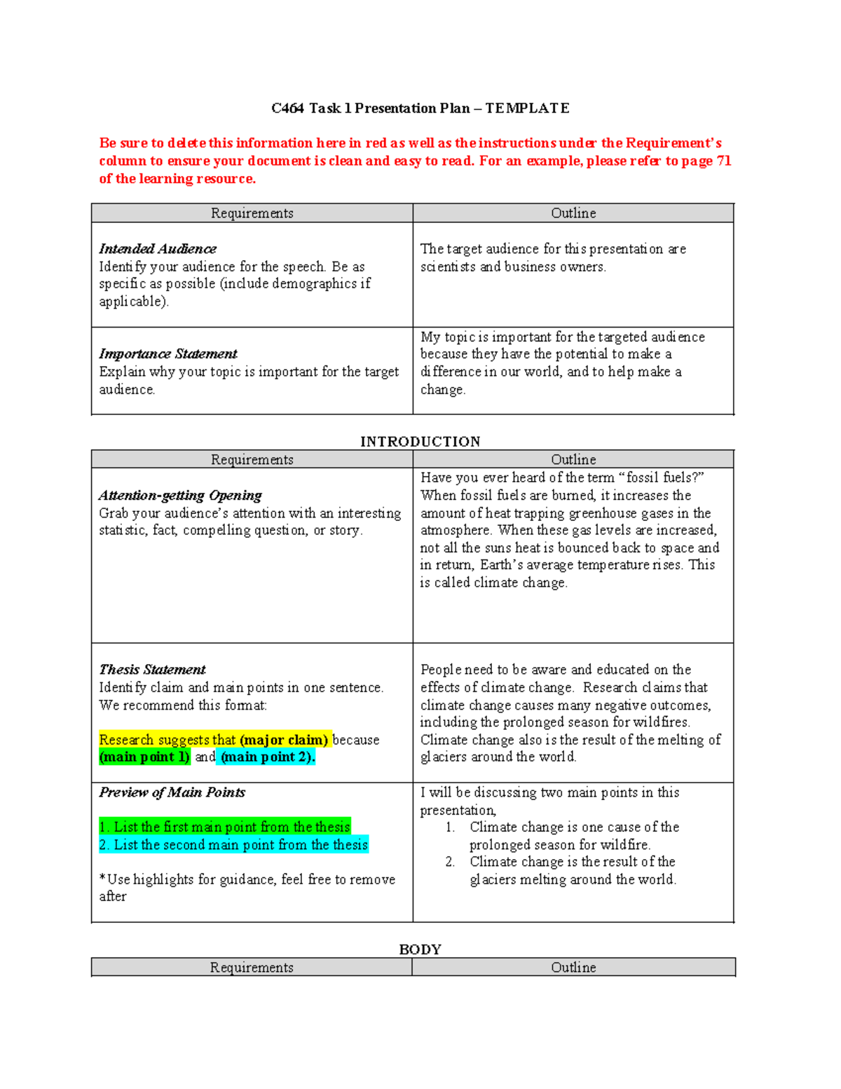 C464 Task 1 Presentation Plan Template on Climate Change Effects - Studocu